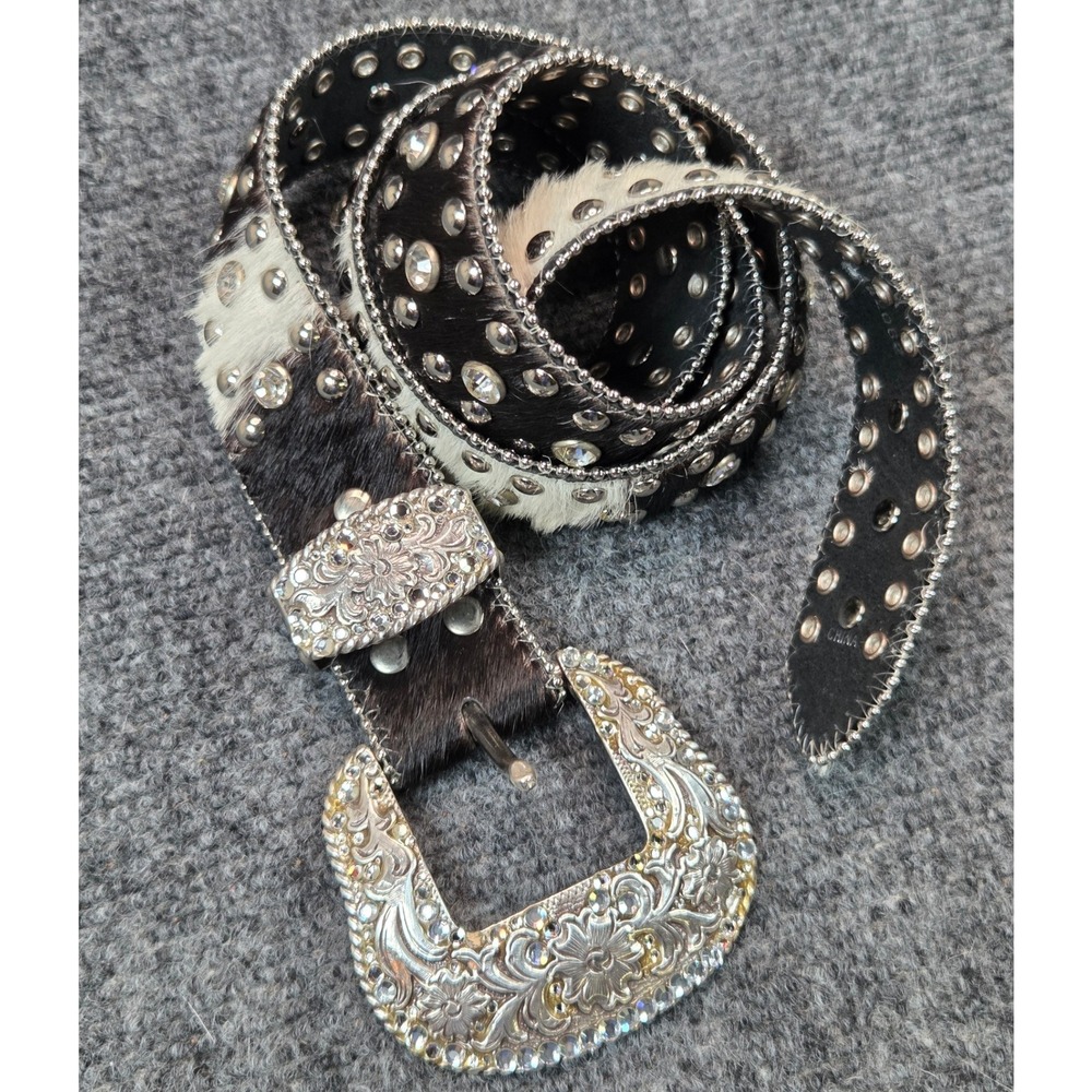 Nocona Cow Print Hair On Hide Belt Womens M Black White Rhinestones
